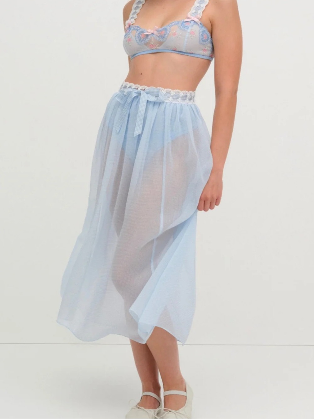 NWT Dainty Doily Blue Gingham For Love and Lemons Midi Skirt lace